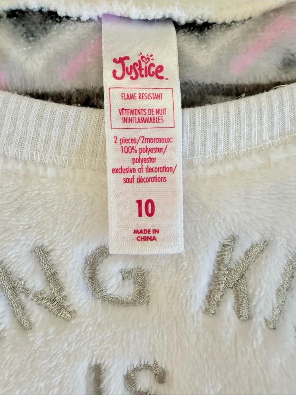 Justice Girls Polar Bear Pajama Set - White, Pink & Gray- Girls 10